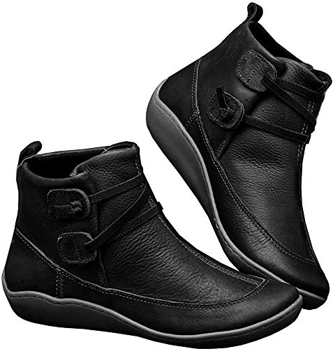 Kinloy Frauen Leder Stiefeletten Herbst Elastische Vintage Schnürschuhe Bequeme Flache Ferse Stiefel Reißverschluss Kurze Stiefel Schwarz 41 EU von Kinloy