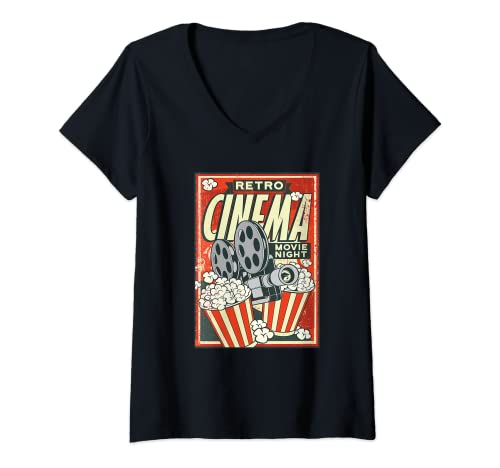 Damen Retro Kino Poster Plakat Popcorn Kamera Film T-Shirt mit V-Ausschnitt Damen Retro Kino Poster Plakat Popcorn Kamera Film T-Shirt mit V-Ausschnitt von Kino Plakat Popcorn Kamera Film Retro