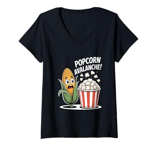 Damen Popcorn Avalanche Kinoabend Lustiger Mais Cartoon T-Shirt mit V-Ausschnitt Damen Popcorn Avalanche Kinoabend Lustiger Mais Cartoon T-Shirt mit V-Ausschnitt von Kinoabend Humor Cartoon Mais Figur Popcorn Witz