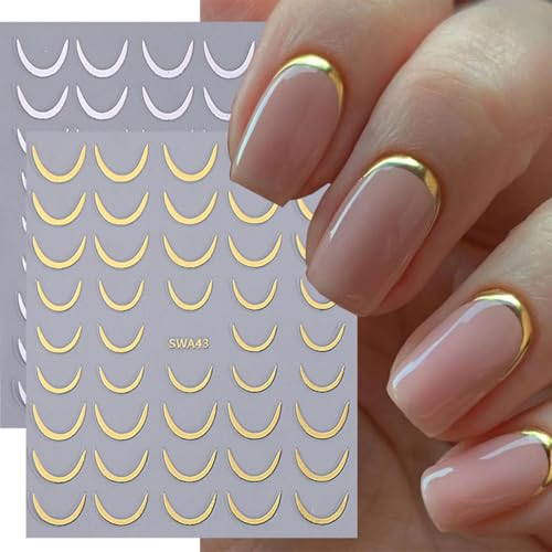 Kinretixia 6 Stück French Tip Nail Art Sticker Gold Silber French Crescent Nagelsticker 3D Streifen Linien Kurve Wirbel Selbstklebende Nagelaufkleber für DIY Nail Art von Kinretixia