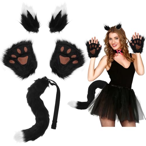 Kinsinder 5pcs Fuchsohren und Chwanz Set, Cosplay Kostüm Set Fox Wolf Cosplay Fuchs Kostüm Schwanz Clip Ohren und Plüsch Klaue Handschuhe Cosplay Fancy Dress Zubehör für Kinder Erwachsene (Schwarz) von Kinsinder