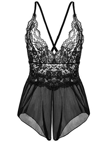 Kinsmirat Damen Reizwäsche übergröße Negligee V-ausschnitt Overall Nachtwäsche (XXL, Schwarz) von Kinsmirat