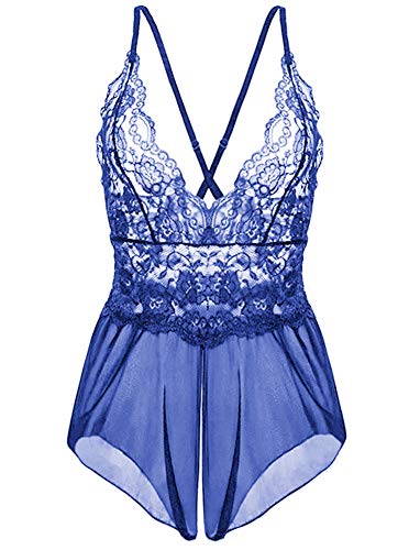 Kinsmirat Damen Reizwäsche übergröße Negligee V-Ausschnitt Overall Nachtwäsche (L, X-Blau) von Kinsmirat