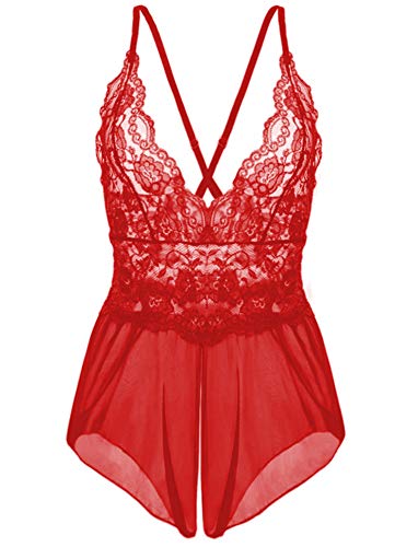 Kinsmirat Damen Reizwäsche übergröße Negligee V-ausschnitt Overall Nachtwäsche (M, Z-Rot) von Kinsmirat