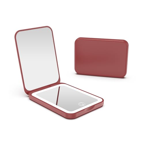 Kintion LED Taschenspiegel, 1X/3X Reisespiegel mit licht, Wiederaufladbarer Taschenspiegel, 3 Farbtemperatur Taschenspiegel Klappbar, Dimmbar, Kleine Handtaschenspiegel Frauen als Geschenk, Weinrot von Kintion