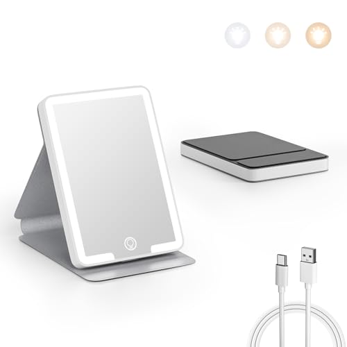 Kintion Wiederaufladbarer Kompaktspiegel, Tragbarer LED-Taschenspiegel, Reisespiegel mit Licht, 3 Farbmodi Dimmbar, Faltbar, Handgehalten, Kleiner Spiegel als Geschenk für Frauen, Schwarz von Kintion