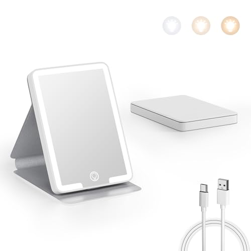 Kintion Wiederaufladbarer Kompaktspiegel, Tragbarer LED-Taschenspiegel, Reisespiegel mit Licht, 3 Farbmodi Dimmbar, Faltbar, Handgehalten, Kleiner Spiegel als Geschenk für Frauen, Weiß von Kintion