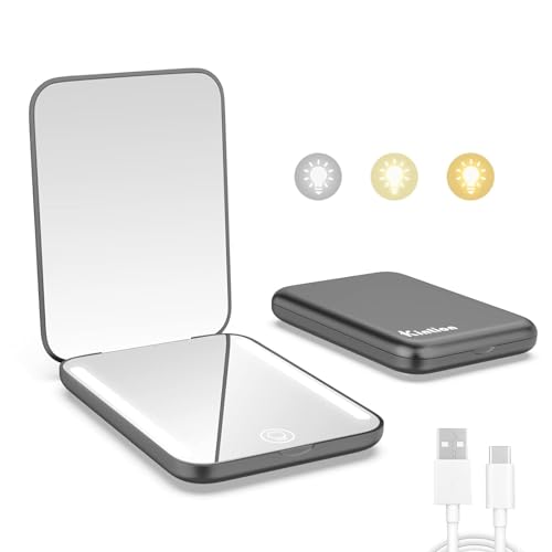 Kintion Wiederaufladbarer Taschenspiegel, LED Kompakt Reise Make up Spiegel, 3 Farbtemperaturen, Dimmbar, Tragbarer Kompaktspiegel, Kleine Handtaschenspiegel für Frauen als Geschenk, Schwarz Kintion Wiederaufladbarer Taschenspiegel, LED Kompakt Reise Make up Spiegel, 3 Farbtemperaturen, Dimmbar, Tragbarer Kompaktspiegel, Kleine Handtaschenspiegel für Frauen als Geschenk, Schwarz von Kintion