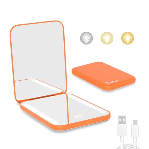 Kintion Wiederaufladbarer Taschenspiegel, LED Kompakt Reise Make up Spiegel, 3 Farbtemperaturen, Dimmbar, Tragbarer Kompaktspiegel, Kleine Handtaschenspiegel für Frauen als Geschenk, Orange von Kintion