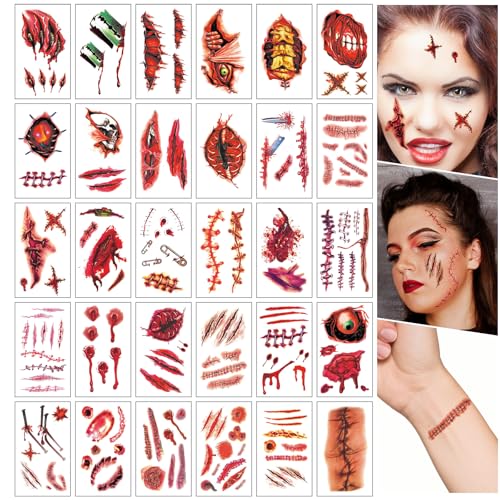 Kinwers Halloween Tattoo Gesicht Aufkleber, 30 Blatt Narben Tattoo Halloween Wunde Halloween Ttattoo Sticker Gesicht Horror-Sticker von Kinwers