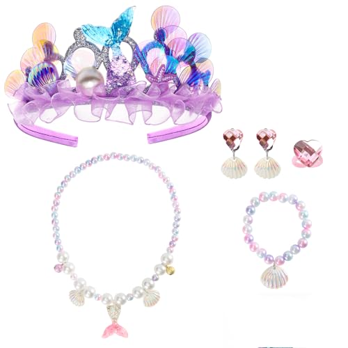 Kinwers Meerjungfrau Haarreif,5 Set Lila Meerjungfrau Kostüm Mädchen Kinder,Inklusive Krone Ohrclips Halskette Armband Ringe,3/4 Jahre von Kinwers