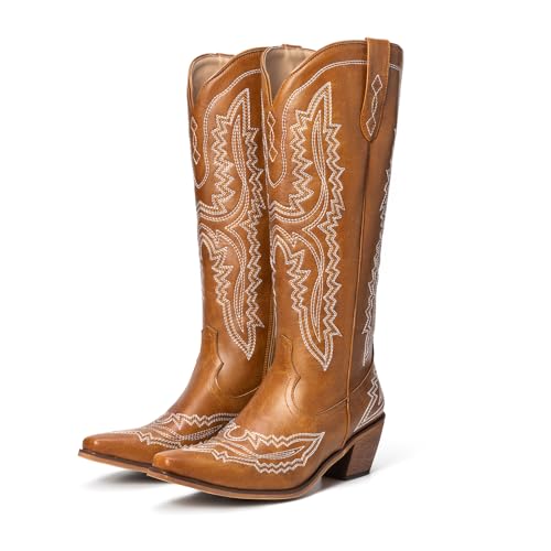 Kinyahoe Cowboystiefel für Damen, Cowgirl, Westernstiefel, kniehoch, bestickt, seitlicher Reißverschluss, spitzer Zehenbereich, klobiger Absatz, Braun, 38 EU Kinyahoe Cowboystiefel für Damen, Cowgirl, Westernstiefel, kniehoch, bestickt, seitlicher Reißverschluss, spitzer Zehenbereich, klobiger Absatz, Braun, 38 EU von Kinyahoe