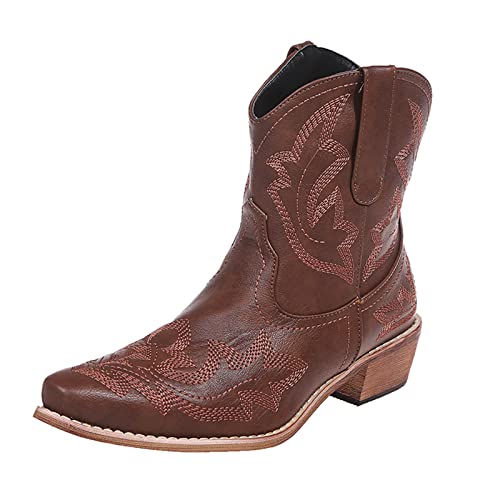 Kinyahoe Cowboy-Stiefel für Damen, Cowgirl, Westernstiefel, Damen, kurz, bestickt, spitz, niedriger Absatz, genäht, klassische Retro-Stiefel, US4-11,5 (rot, braun, blau), Braun, 37.5 EU von Kinyahoe