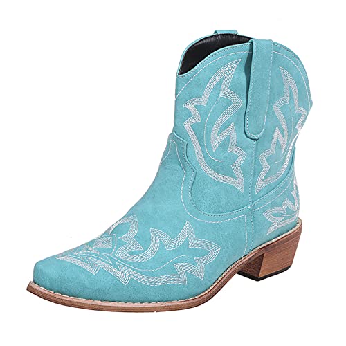 Kinyahoe Cowboystiefel für Damen, Cowgirl-Western-Stiefeletten für Damen, kurz, bestickt, spitzer Zehenbereich, niedriger Absatz, genäht, klassische Retro-Stiefel, Größe 37-45, Rot, Braun, Blau, Blau, von Kinyahoe