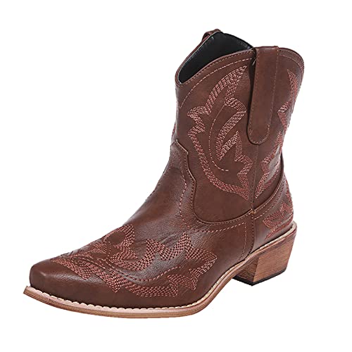 Kinyahoe Cowboy-Stiefel für Damen, Cowgirl, Westernstiefel, Damen, kurz, bestickt, spitzer Zehenbereich, niedriger Absatz, genäht, klassische Retro-Stiefel, rot, braun, blau, braun, 40.5 EU von Kinyahoe