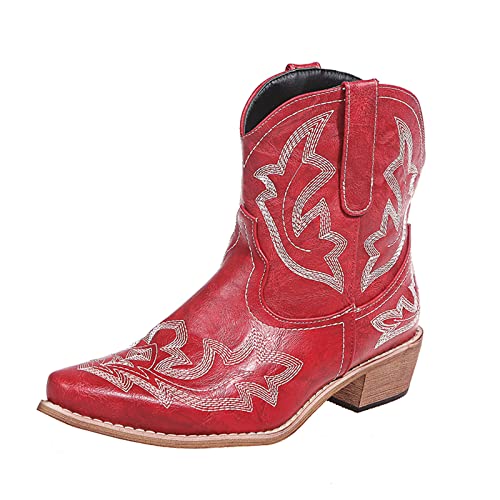 Kinyahoe Cowboystiefel für Damen, Cowgirl, Westernstiefel, spitzer Zehenbereich, niedriger klobiger Absatz, bestickt, klassisch, kurz, Rot/Ausflug, einfarbig (Getaway Solids), 39 EU von Kinyahoe