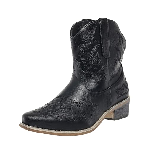 Kinyahoe Cowboystiefel für Damen, Cowgirl, Westernstiefel, spitzer Zehenbereich, niedriger klobiger Absatz, bestickt, klassisch, kurz, Schwarz, 40 EU Kinyahoe Cowboystiefel für Damen, Cowgirl, Westernstiefel, spitzer Zehenbereich, niedriger klobiger Absatz, bestickt, klassisch, kurz, Schwarz, 40 EU von Kinyahoe