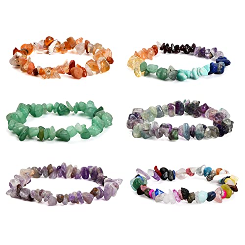 6 Stücke Armbänder Natürlicher Edelstein Chakra Crystal Chip Stein Armband für Damen Edelstein Splitterarmband Stretch Armband Natürliche Bergkristall Chakra Armband Hochwertiges Edelstein Armband von Kioiner