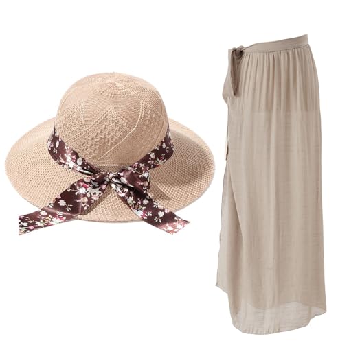 Strandkleid Damen mit Breiter Rand Strohhut, Wickelrock Damen mit Verstellbarer Taille, Atmungsaktive Wickelrock Lang, Multifunktionalem Strandrock zum Tragen Über Einem Badeanzug oder Bikini von Kioiner