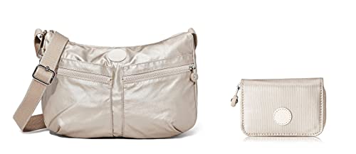 Kipling Damen Izellah Umhängetasche Silber (Metallic Glow) + Damen Tops Geldbörse Silber (Metallic Glow) von Kipling