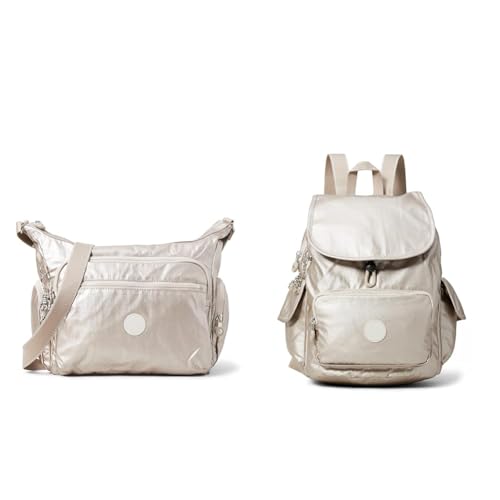 Kipling Damen City Pack Rucksack, Silber (Metallic Glow), 27x33.5x19 cm (B x H T) EU Damen Gabbie' Tasche, Silber (Metallic Glow), 35.5 x 30 18.5 cm EU von Kipling