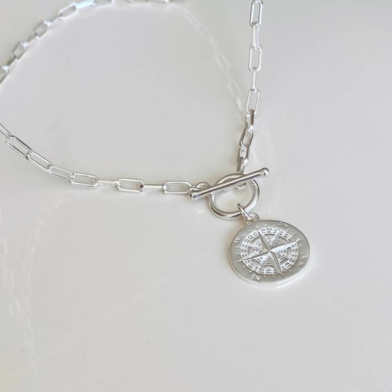 Gliederkette Mit Knebel Verschluss Und Kompass Anhänger 925 Sterling Silber von KiraMiraJewelry