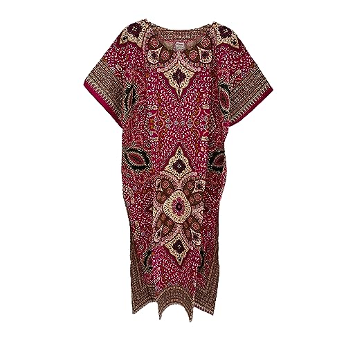 Damen 100% Baumwolle Lange Kaftan Kleid Sommer Dashiki African Print One Size Lose Baggy Stil Strand Abdeckung, rose, Einheitsgröße von Kiran Fashion