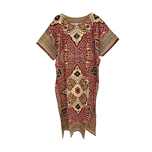Damen 100% Baumwolle Lange Kaftan Kleid Sommer Dashiki African Print One Size Lose Baggy Stil Strand Abdeckung, rot, Einheitsgröße von Kiran Fashion