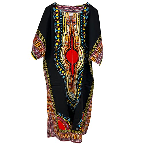 Damen-Kaftan-Kleid, 100 % Baumwolle, lang, Sommer-Dashiki-Druck, Einheitsgröße, lockerer Baggy-Stil, Schwarz , Einheitsgröße von Kiran Fashion