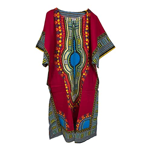 Damen-Kaftan-Kleid, 100 % Baumwolle, lang, Sommer-Dashiki-Druck, Einheitsgröße, lockerer Baggy-Stil, rose, Einheitsgröße von Kiran Fashion