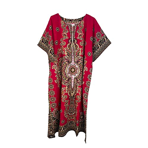 Langes Kaftan-Kleid für Damen, 100 % Baumwolle, Sommerkleid, Dashiki, afrikanischer Druck, Einheitsgröße, lockerer Stil, Strandabdeckung, rose, Einheitsgröße von Kiran Fashion