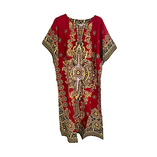 Damen-Kaftan-Kleid, 100 % Baumwolle, lang, Sommer-Dashiki-Druck, Einheitsgröße, lockerer Stil, Strandbezug, rot, Einheitsgröße von Kiran Fashion