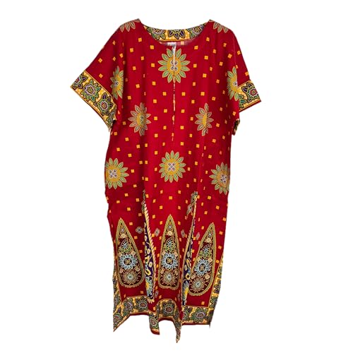 Kiran Fashion Langes Kaftan-Kleid für Damen, 100 % Baumwolle, Sommer, ethnischer Druck, Strandabdeckung, Einheitsgröße, rot, One size von Kiran Fashion