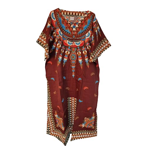 Langes Kaftan-Kleid für Damen, 100 % Baumwolle, Sommerkleid, Dashiki, afrikanischer Druck, Einheitsgröße, lockerer Stil, Strandabdeckung, braun, Einheitsgröße von Kiran Fashion