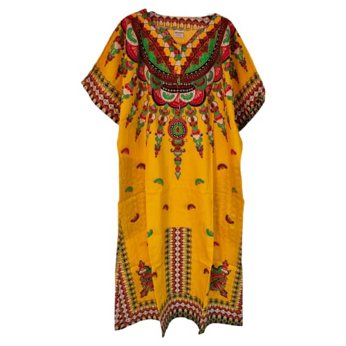 Langes Kaftan-Kleid für Damen, 100 % Baumwolle, Sommerkleid, Dashiki, afrikanischer Druck, Einheitsgröße, lockerer Stil, Strandabdeckung, gelb, Einheitsgröße von Kiran Fashion