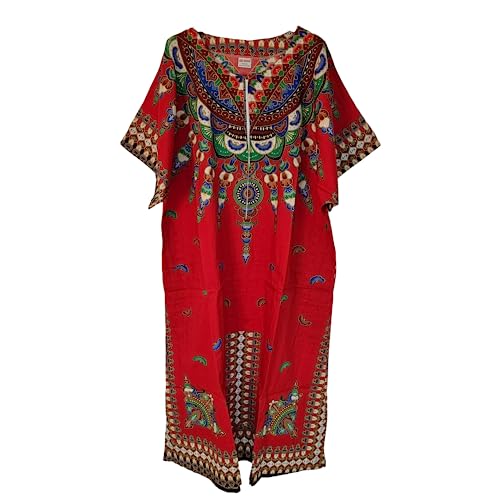 Langes Kaftan-Kleid für Damen, 100 % Baumwolle, Sommerkleid, Dashiki, afrikanischer Druck, Einheitsgröße, lockerer Stil, Strandabdeckung, rot, Einheitsgröße von Kiran Fashion