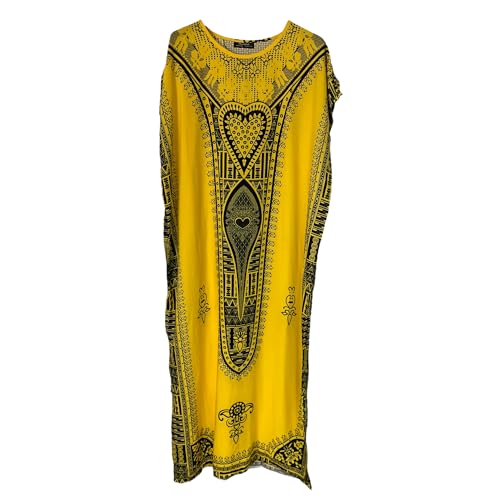 Langes Maxi-Kaftan-Kleid für Damen, Baumwolle, Sommerkleid, Dashiki, afrikanischer Strandbezug, Einheitsgröße, gelb, Einheitsgröße von Kiran Fashion
