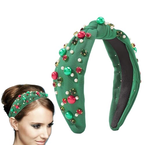 Feiertags geknotetes Stirnband | Grünes Strass-Haarband,Breites, schlichtes, mit Strasssteinen verziertes, geknotetes Stirnband für die Feiertage, festliche Weihnachtsgeschenke Kirdume von Kirdume