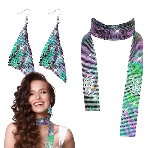 Kirdume Disco-Kostüm-Set, Disco-Zubehör-Set,Lange Tropfenohrringe mit glitzerndem Schal und Quasten-Pailletten - Party-Outfit, 70er-Jahre-Accessoires für Frauen und Mädchen von Kirdume