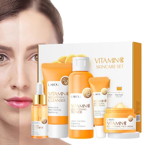 Vitamin-C-Set | 5 Teile/Set nährende Feuchtigkeitscreme für das Gesicht | Hautpflege-Geschenkset gegen geschwollene Augen, Hautstraffung, Weihnachtsgeschenksets für Damen und Herren, Kirdume von Kirdume