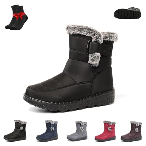 Damen-Schneestiefel mit Plüschfutter, Wadenhohe Schneestiefel, Wasserdichte Winterstiefel for Damen, Rutschfeste, mit Pelz gefütterte Schneestiefeletten(Black,38 EU) von Kirposh