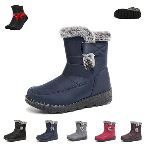 Damen-Schneestiefel mit Plüschfutter, Wadenhohe Schneestiefel, Wasserdichte Winterstiefel for Damen, Rutschfeste, mit Pelz gefütterte Schneestiefeletten(Blue,39 EU) von Kirposh