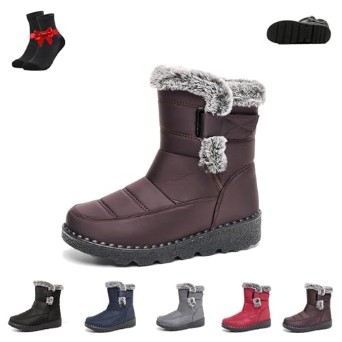 Damen-Schneestiefel mit Plüschfutter, Wadenhohe Schneestiefel, Wasserdichte Winterstiefel for Damen, Rutschfeste, mit Pelz gefütterte Schneestiefeletten(Brown,39 EU) von Kirposh