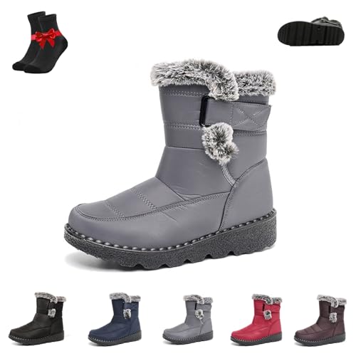 Damen-Schneestiefel mit Plüschfutter, Wadenhohe Schneestiefel, Wasserdichte Winterstiefel for Damen, Rutschfeste, mit Pelz gefütterte Schneestiefeletten(Grey,37 EU) von Kirposh