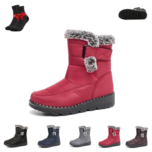 Damen-Schneestiefel mit Plüschfutter, Wadenhohe Schneestiefel, Wasserdichte Winterstiefel for Damen, Rutschfeste, mit Pelz gefütterte Schneestiefeletten(Red,38 EU) von Kirposh