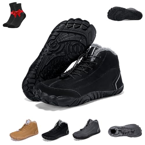 Kirposh Alpaka-Barfuß-Leder-Wanderschuhe for den Winter, rutschfeste und wasserdichte Wanderschuhe, warme Outdoor-Stiefel mit Fellfutter(Black,42 EU) von Kirposh