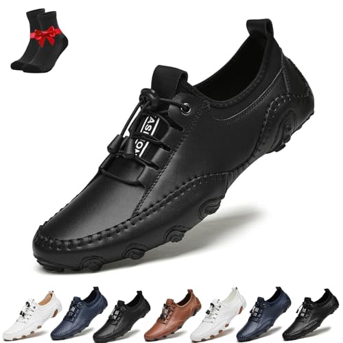 Kirposh Bequeme, leichte Lederschuhe for Hineinschlüpfen for Herren, rutschfeste Barfußschuhe aus Leder, verstellbare Leder-Sneaker(Black,40 EU) von Kirposh
