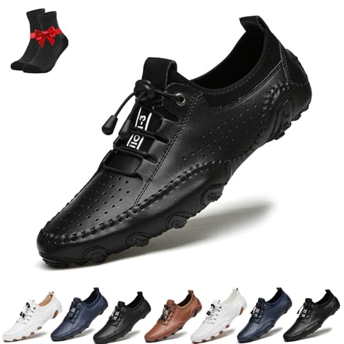 Kirposh Bequeme, leichte Lederschuhe for Hineinschlüpfen for Herren, rutschfeste Barfußschuhe aus Leder, verstellbare Leder-Sneaker(Black Hollow,44 EU) von Kirposh