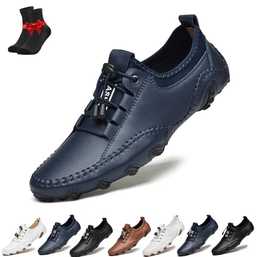 Kirposh Bequeme, leichte Lederschuhe for Hineinschlüpfen for Herren, rutschfeste Barfußschuhe aus Leder, verstellbare Leder-Sneaker(Blue,43 EU) von Kirposh