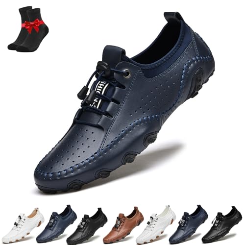 Kirposh Bequeme, leichte Lederschuhe for Hineinschlüpfen for Herren, rutschfeste Barfußschuhe aus Leder, verstellbare Leder-Sneaker(Blue Hollow,40 EU) von Kirposh